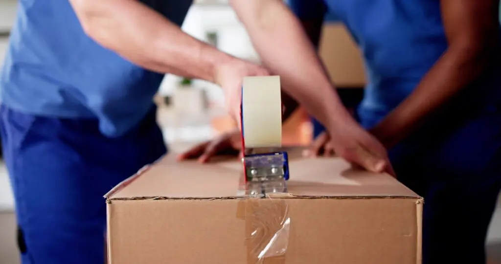 Person sealing a cardboard box with packing tape.