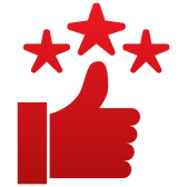 A red thumbs-up icon with three stars above it.