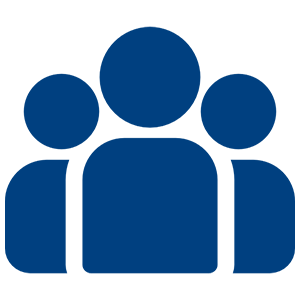 Blue icon of three people representing a group or community.