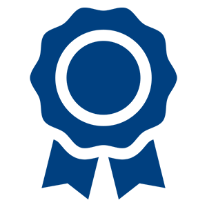 A blue ribbon award icon with a circular center and two tails.
