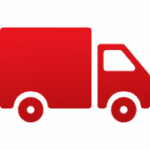 Red delivery truck icon with simple design on a red background.