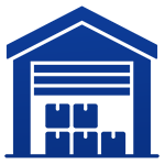 Warehouse with stacked boxes inside.